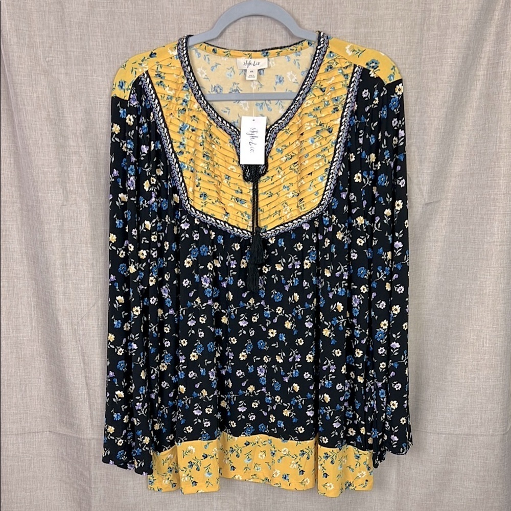 Style‎ & Co Women’s XXL Floral Boho Blouse Yellow Black Long Sleeve Tunic Blouse